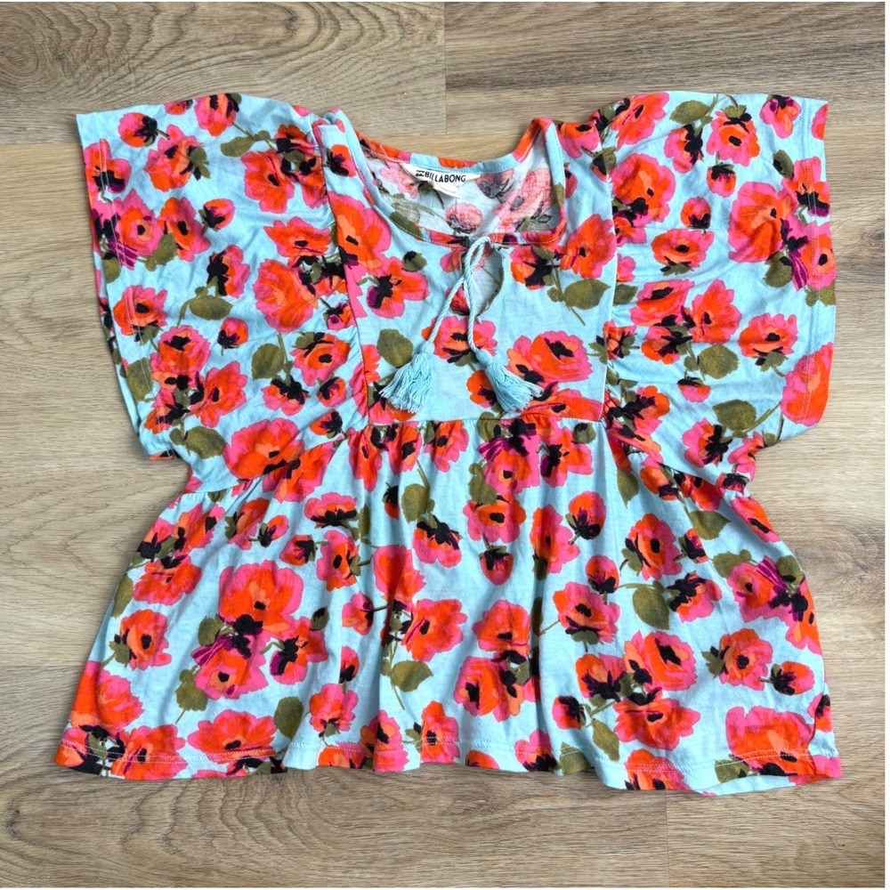 Billabong (Blue) Floral Babydoll Top Women Size S Coquette Feminine Beach Resort